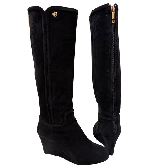 Tory Burch Black Suede Gold Accents Wedge Knee High Boots Women's Size 5 - Picture 4 of 10